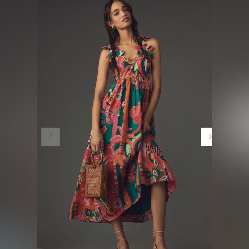 FARM Rio Green Floral Midi Dress with Pink & Orange Print